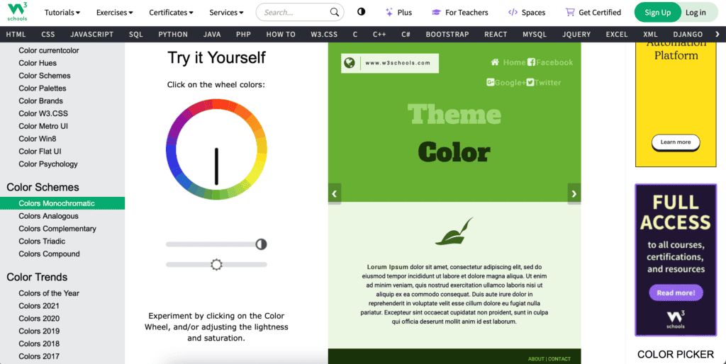 Screenshot of the W3 website. Shows what the page looks like where you can choose color schemes and see what they could look like on a website.